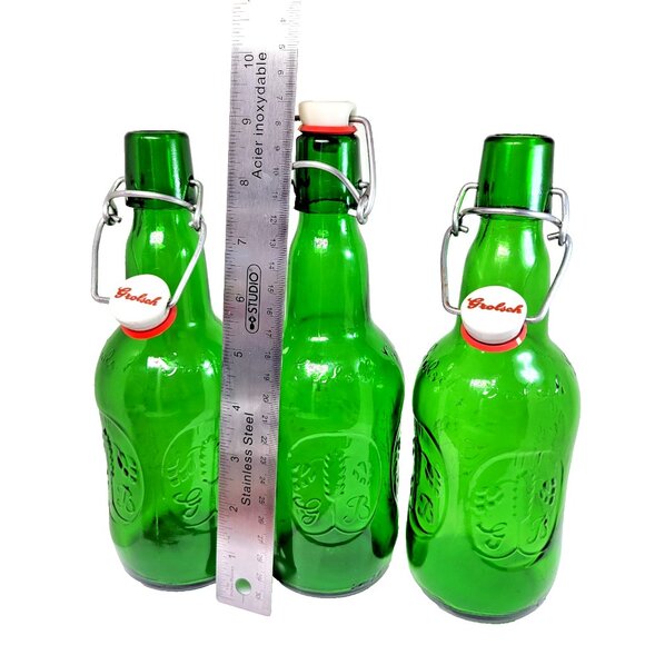 Lot Of 3 Vintage GREEN Embossed GROLSCH Beer Bottles Very Nice 9.5 inches Tall - Picture 1 of 6